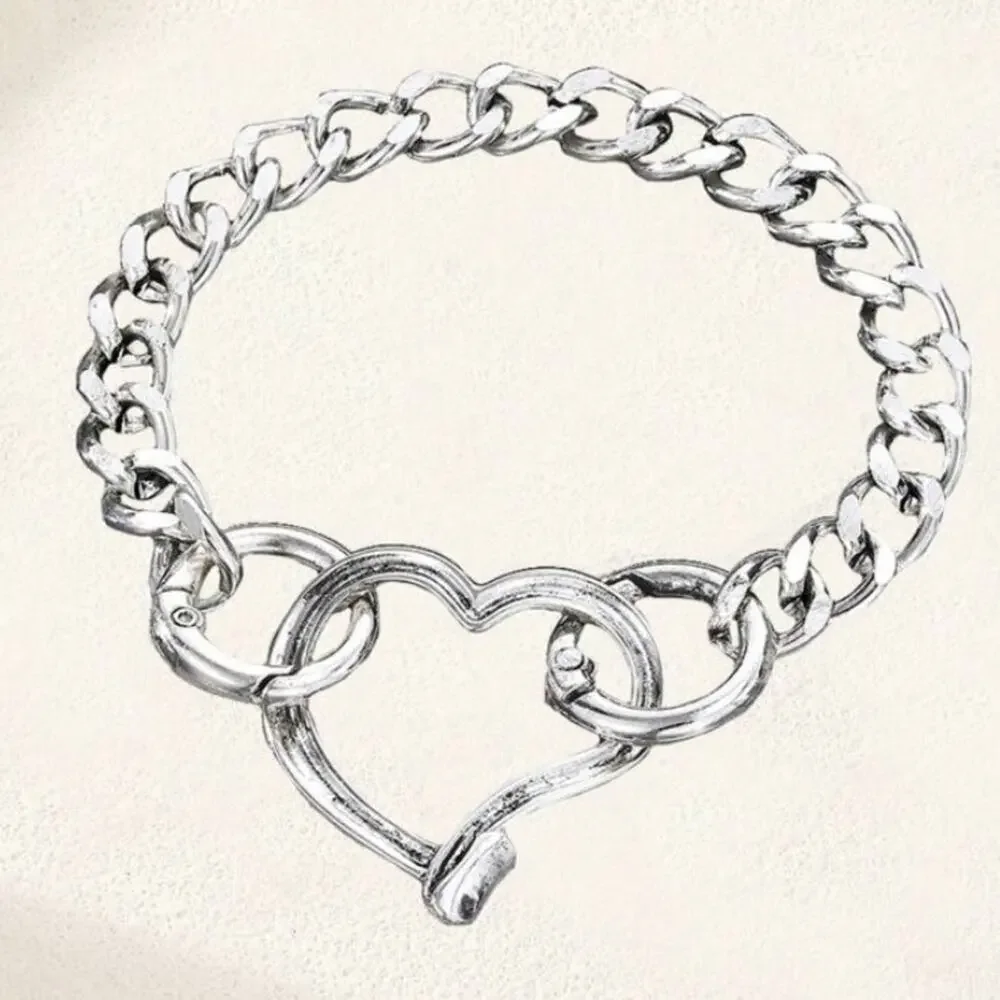 Stainless Steel Heart Bracelet Chain Link Boho Hammered Statement Piece